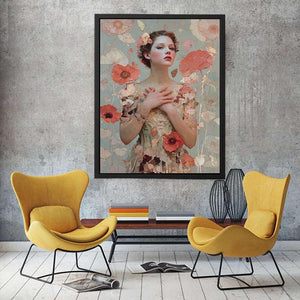 Soft floral woman portrait with butterflies for romantic bedroom canvas decor.