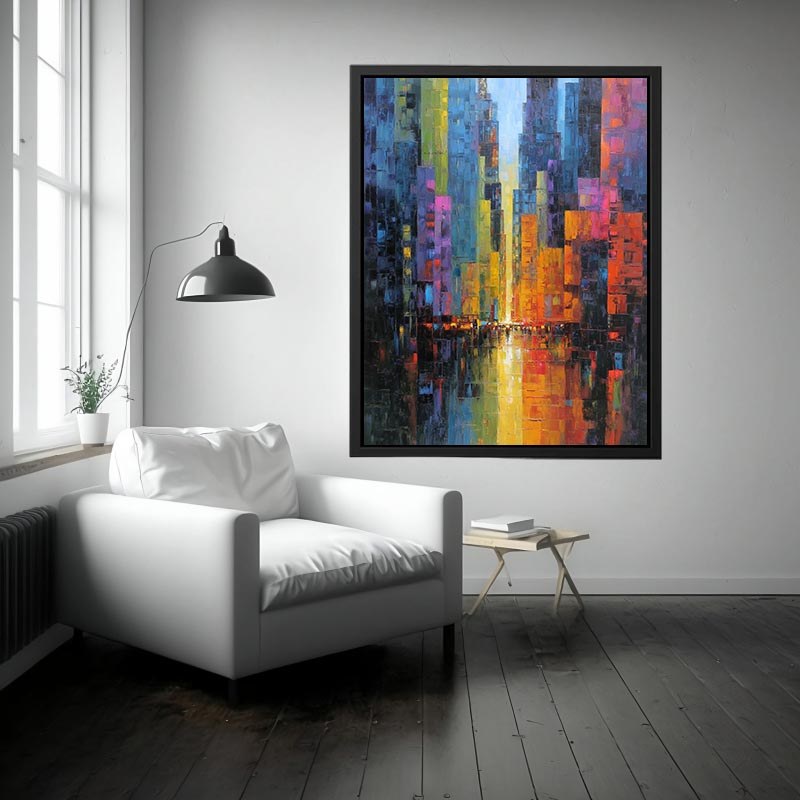 Abstract neon cityscape with rain reflections for modern office or living room wall art.