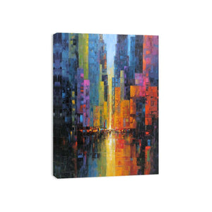 Abstract neon cityscape with rain reflections for modern office or living room wall art.