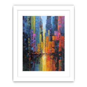 Abstract neon cityscape with rain reflections for modern office or living room wall art.