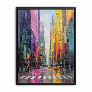 Colourful rainy cityscape canvas art with taxis and tall buildings for modern living room decor.