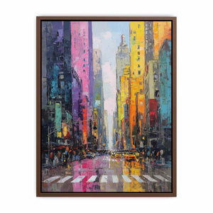 Colourful rainy cityscape canvas art with taxis and tall buildings for modern living room decor.