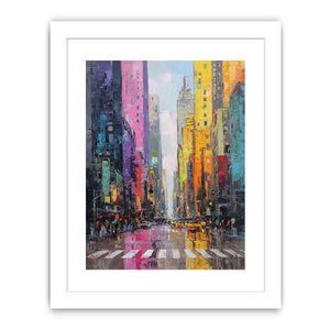 Colourful rainy cityscape canvas art with taxis and tall buildings for modern living room decor.