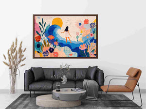 Whimsical coastal floral canvas art with wave, sun and woman for bright bedroom decor.