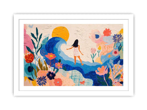 Whimsical coastal floral canvas art with wave, sun and woman for bright bedroom decor.