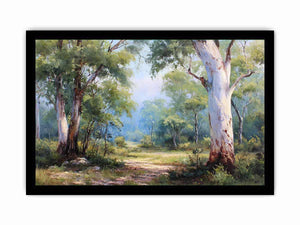 Australian eucalyptus forest canvas art with soft woodland path for calm living room decor.