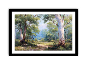 Australian eucalyptus forest canvas art with soft woodland path for calm living room decor.