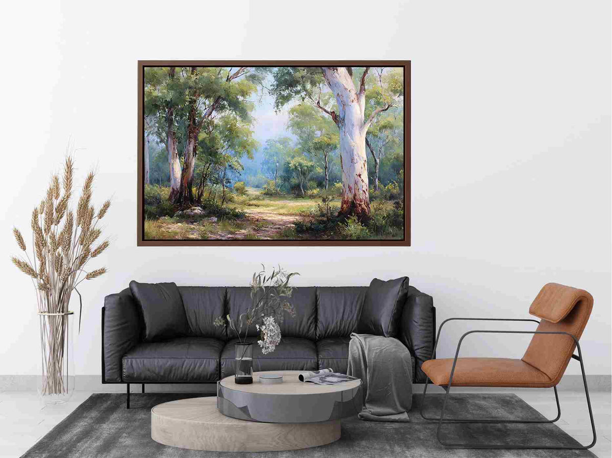 Australian eucalyptus forest canvas art with soft woodland path for calm living room decor.