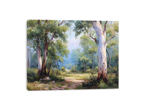 Australian eucalyptus forest canvas art with soft woodland path for calm living room decor.