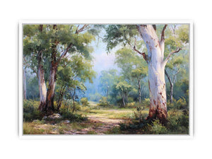 Australian eucalyptus forest canvas art with soft woodland path for calm living room decor.