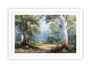 Australian eucalyptus forest canvas art with soft woodland path for calm living room decor.