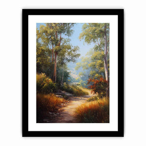 Warm Australian bushland canvas art with winding path and tall trees for living room decor.