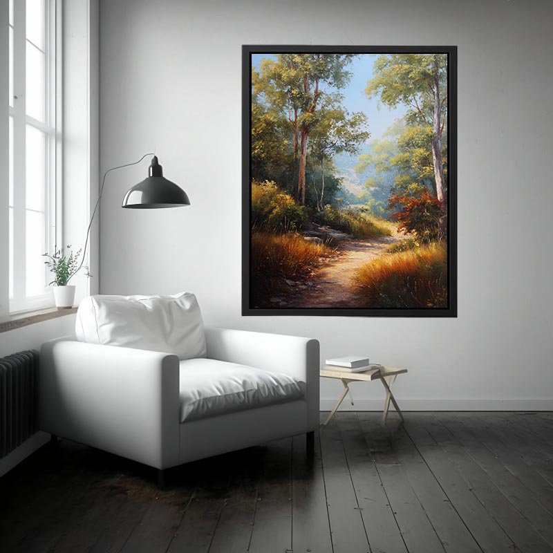 Warm Australian bushland canvas art with winding path and tall trees for living room decor.