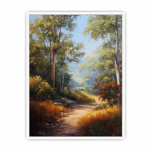 Warm Australian bushland canvas art with winding path and tall trees for living room decor.