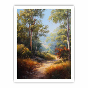 Warm Australian bushland canvas art with winding path and tall trees for living room decor.