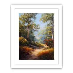 Warm Australian bushland canvas art with winding path and tall trees for living room decor.