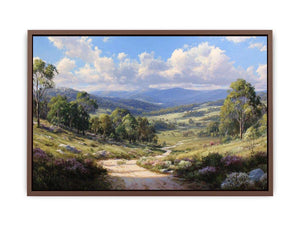 Australian mountain valley canvas art with trees, wildflowers and sunlit track for living room decor.