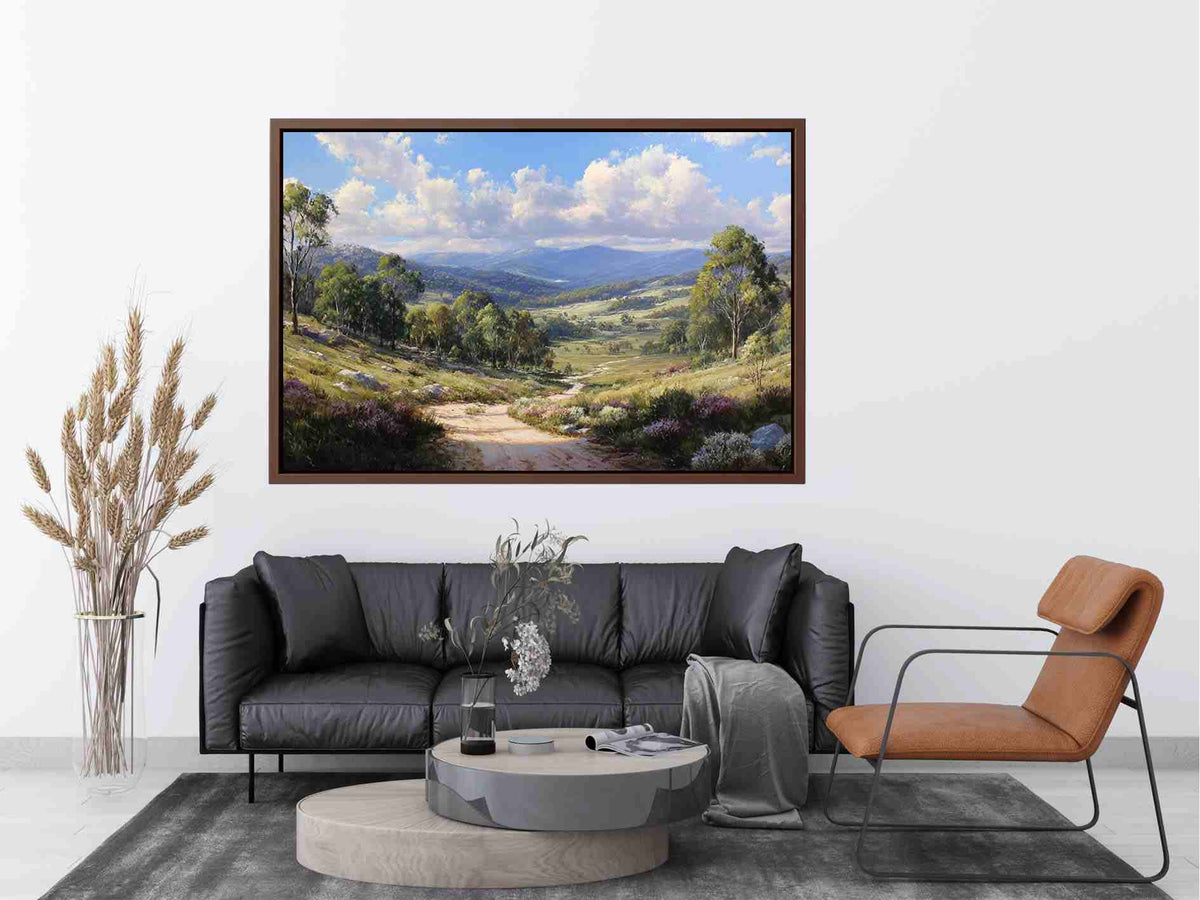 Australian mountain valley canvas art with trees, wildflowers and sunlit track for living room decor.
