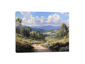 Australian mountain valley canvas art with trees, wildflowers and sunlit track for living room decor.