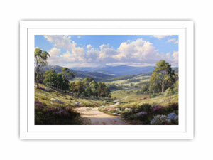 Australian mountain valley canvas art with trees, wildflowers and sunlit track for living room decor.