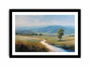 Soft mountain valley canvas art with winding river and solitary tree for calm bedroom decor.
