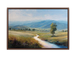 Soft mountain valley canvas art with winding river and solitary tree for calm bedroom decor.