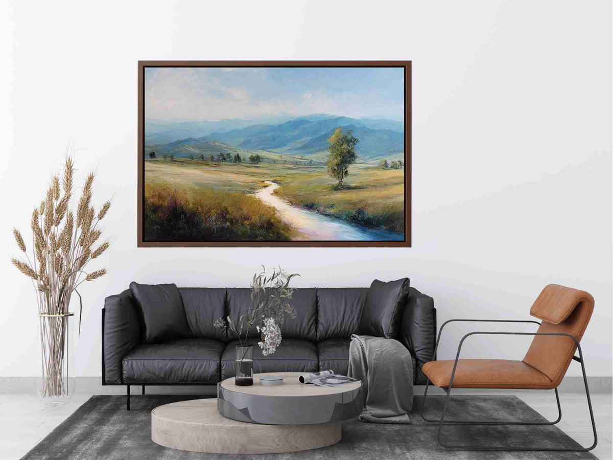 Soft mountain valley canvas art with winding river and solitary tree for calm bedroom decor.