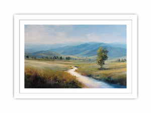 Soft mountain valley canvas art with winding river and solitary tree for calm bedroom decor.