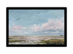 Pastel wetland canvas art with soft clouds, reeds and open water for calm bedroom decor.