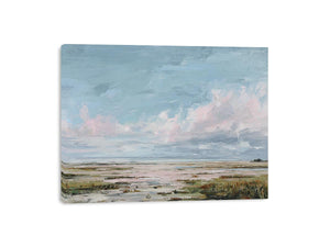 Pastel wetland canvas art with soft clouds, reeds and open water for calm bedroom decor.