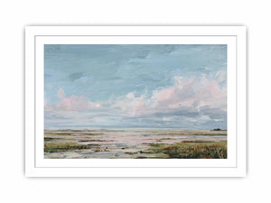 Pastel wetland canvas art with soft clouds, reeds and open water for calm bedroom decor.