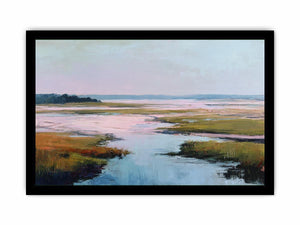 Soft blush estuary canvas art with marsh water and pastel sky for coastal bedroom decor.
