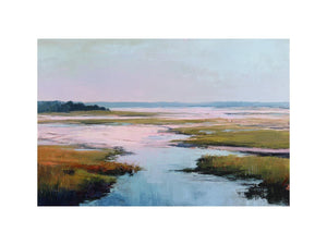 Soft blush estuary canvas art with marsh water and pastel sky for coastal bedroom decor.