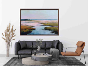 Soft blush estuary canvas art with marsh water and pastel sky for coastal bedroom decor.