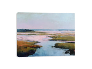 Soft blush estuary canvas art with marsh water and pastel sky for coastal bedroom decor.