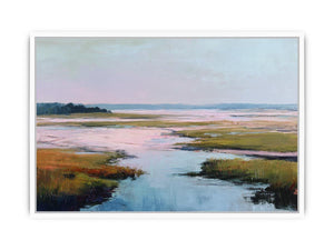 Soft blush estuary canvas art with marsh water and pastel sky for coastal bedroom decor.