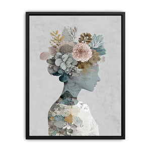 Surreal botanical portrait canvas art with floral silhouette for elegant bedroom decor.