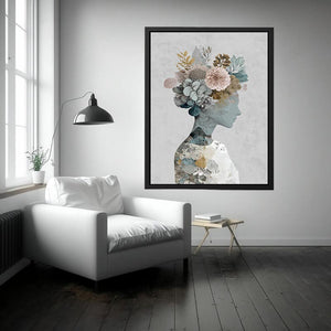 Surreal botanical portrait canvas art with floral silhouette for elegant bedroom decor.