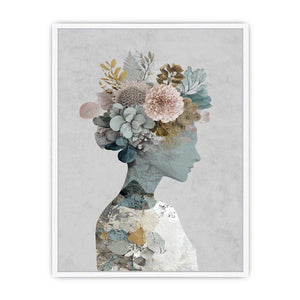Surreal botanical portrait canvas art with floral silhouette for elegant bedroom decor.