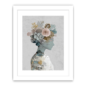 Surreal botanical portrait canvas art with floral silhouette for elegant bedroom decor.