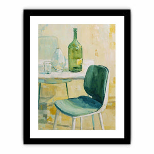 Green bottle still life canvas art with glassware and chair for kitchen or dining room decor.