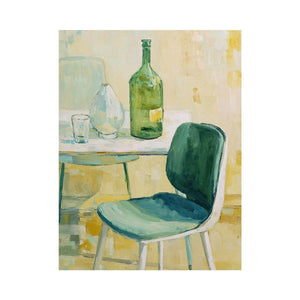 Green bottle still life canvas art with glassware and chair for kitchen or dining room decor.