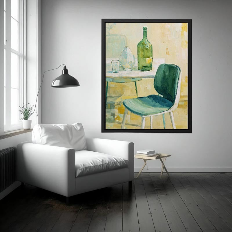 Green bottle still life canvas art with glassware and chair for kitchen or dining room decor.