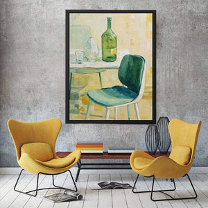 Green bottle still life canvas art with glassware and chair for kitchen or dining room decor.