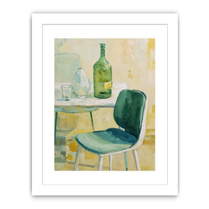 Green bottle still life canvas art with glassware and chair for kitchen or dining room decor.