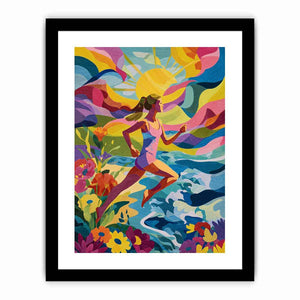 Colourful running woman canvas art with sun, waves and flowers for energetic modern room decor.
