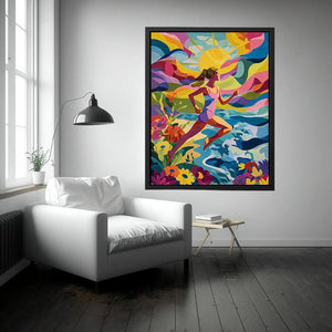Colourful running woman canvas art with sun, waves and flowers for energetic modern room decor.