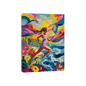 Colourful running woman canvas art with sun, waves and flowers for energetic modern room decor.