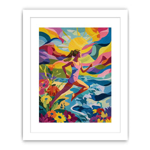 Colourful running woman canvas art with sun, waves and flowers for energetic modern room decor.