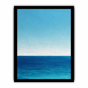Minimalist blue ocean canvas art with calm horizon and textured sky for coastal bedroom decor.